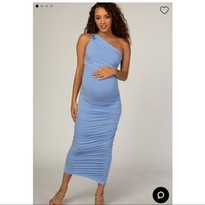 Light Blue Ruched One Shoulder Maternity Dress